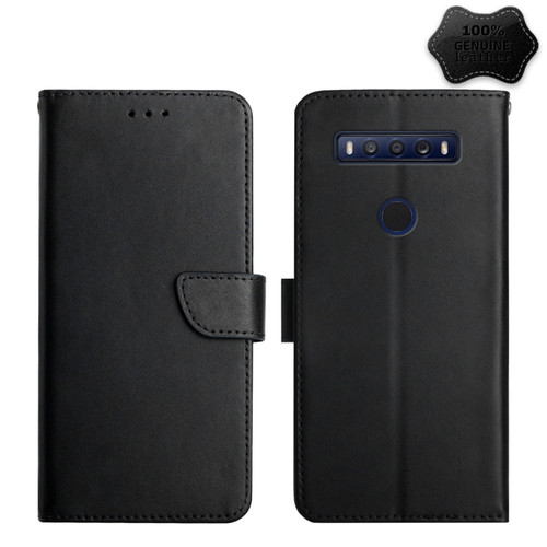 TCL 10 SE Genuine Leather Fingerprint-proof Flip Phone Case - Black