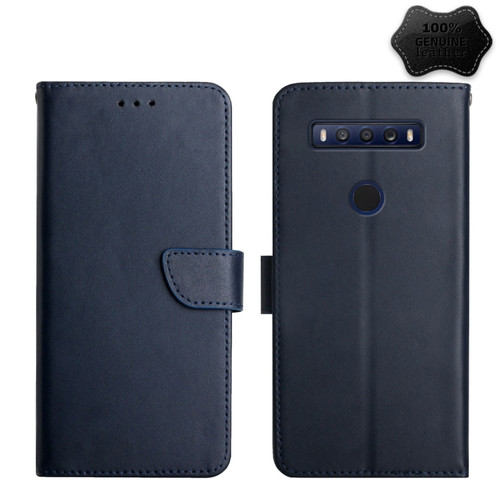 TCL 10 SE Genuine Leather Fingerprint-proof Flip Phone Case - Blue
