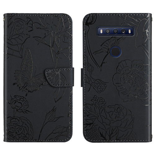 TCL 10 SE Skin Feel Butterfly Peony Embossed Leather Phone Case - Black