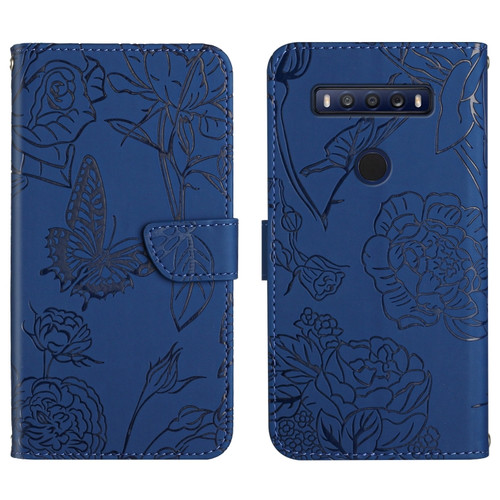 TCL 10 SE Skin Feel Butterfly Peony Embossed Leather Phone Case - Blue