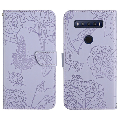 TCL 10 SE Skin Feel Butterfly Peony Embossed Leather Phone Case - Purple