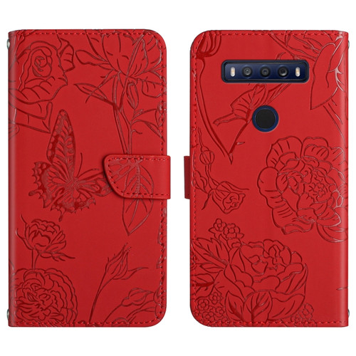 TCL 10 SE Skin Feel Butterfly Peony Embossed Leather Phone Case - Red