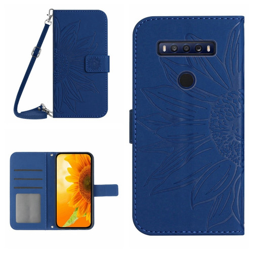 TCL 10 SE Skin Feel Sun Flower Pattern Flip Leather Phone Case with Lanyard - Dark Blue