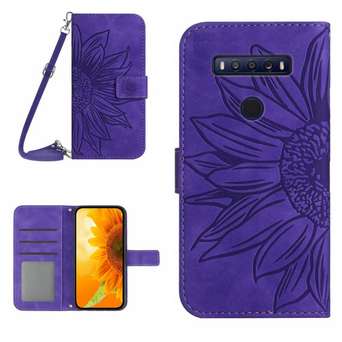 TCL 10 SE Skin Feel Sun Flower Pattern Flip Leather Phone Case with Lanyard - Dark Purple