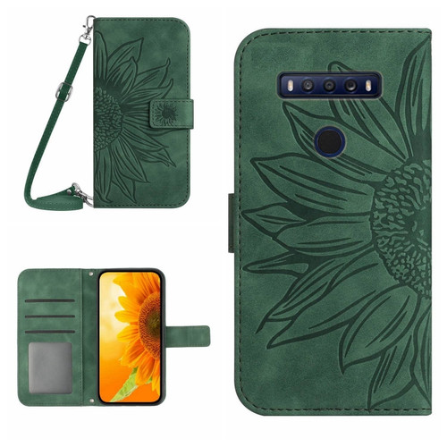 TCL 10 SE Skin Feel Sun Flower Pattern Flip Leather Phone Case with Lanyard - Green