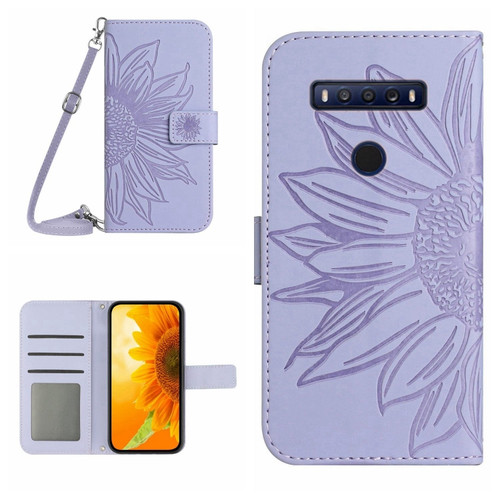 TCL 10 SE Skin Feel Sun Flower Pattern Flip Leather Phone Case with Lanyard - Purple