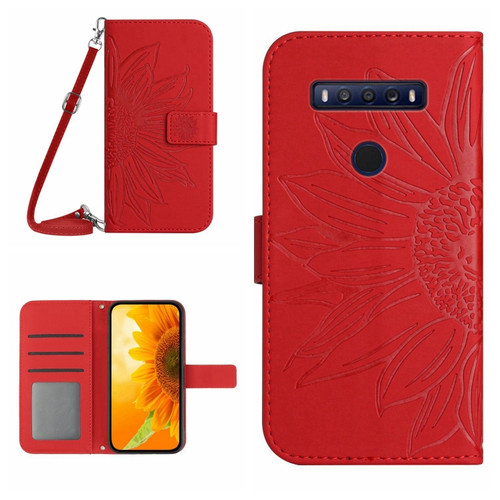 TCL 10 SE Skin Feel Sun Flower Pattern Flip Leather Phone Case with Lanyard - Red