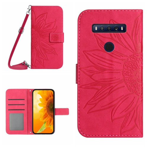 TCL 10 SE Skin Feel Sun Flower Pattern Flip Leather Phone Case with Lanyard - Rose Red