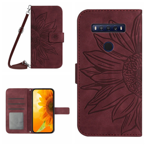 TCL 10 SE Skin Feel Sun Flower Pattern Flip Leather Phone Case with Lanyard - Wine Red