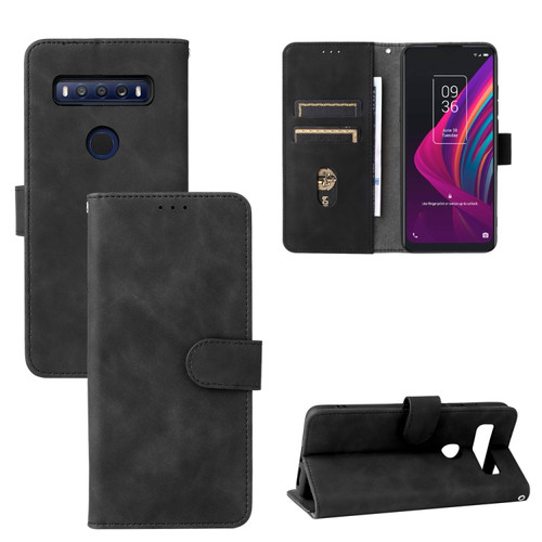 TCL 10 SE Solid Color Skin Feel Magnetic Buckle Leather Phone Case - Black