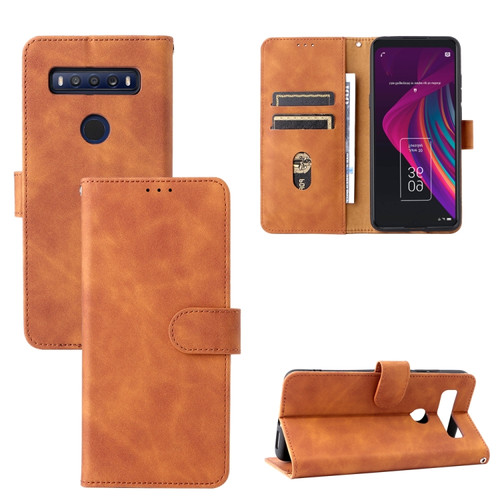 TCL 10 SE Solid Color Skin Feel Magnetic Buckle Leather Phone Case - Brown