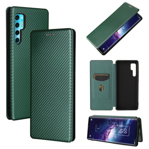 TCL 20 Pro 5G Carbon Fiber Texture Horizontal Flip TPU + PC + PU Leather Case with Card Slot - Green