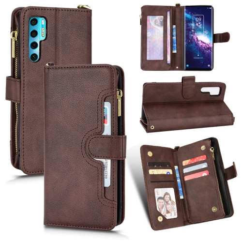 TCL 20 Pro 5G Litchi Texture Zipper Leather Phone Case - Brown
