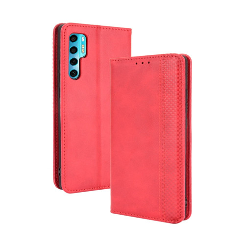 TCL 20 Pro 5G Magnetic Buckle Retro Crazy Horse Texture Horizontal Flip Leather Case with Holder & Card Slots & Photo Frame - Red