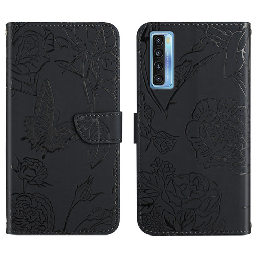 TCL 20 Pro 5G Skin Feel Butterfly Peony Embossed Leather Phone Case - Black