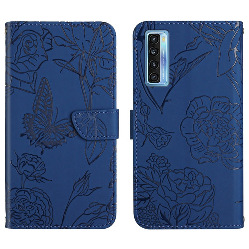 TCL 20 Pro 5G Skin Feel Butterfly Peony Embossed Leather Phone Case - Blue