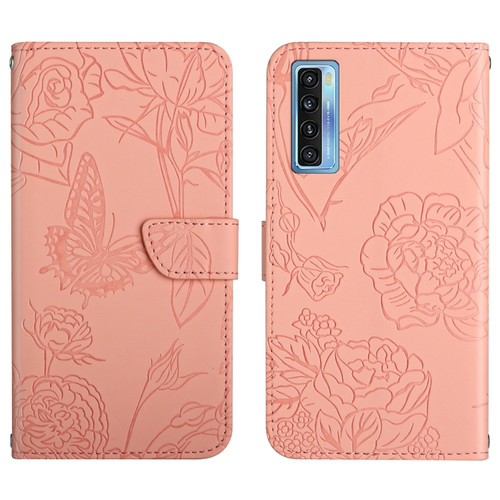 TCL 20 Pro 5G Skin Feel Butterfly Peony Embossed Leather Phone Case - Pink