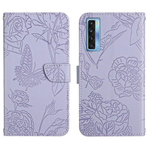 TCL 20 Pro 5G Skin Feel Butterfly Peony Embossed Leather Phone Case - Purple
