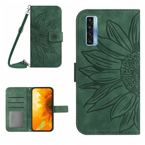 TCL 20 Pro 5G Skin Feel Sun Flower Pattern Flip Leather Phone Case with Lanyard - Green