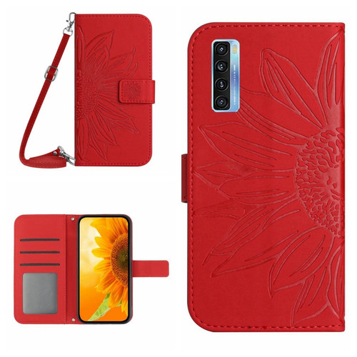 TCL 20 Pro 5G Skin Feel Sun Flower Pattern Flip Leather Phone Case with Lanyard - Red