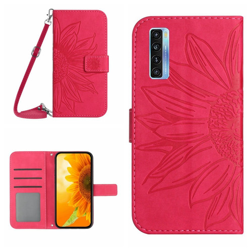 TCL 20 Pro 5G Skin Feel Sun Flower Pattern Flip Leather Phone Case with Lanyard - Rose Red