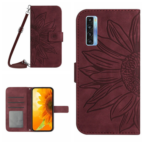 TCL 20 Pro 5G Skin Feel Sun Flower Pattern Flip Leather Phone Case with Lanyard - Wine Red