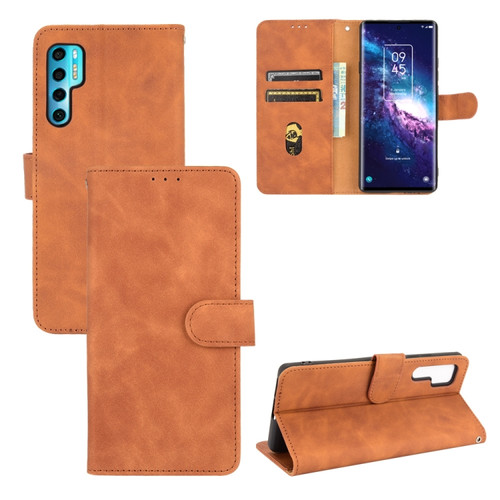 TCL 20 Pro 5G Solid Color Skin Feel Magnetic Buckle Horizontal Flip Calf Texture PU Leather Case with Holder & Card Slots & Wallet - Brown