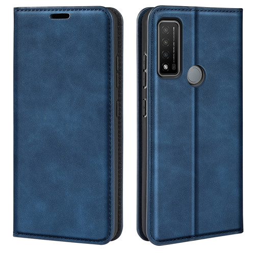 TCL 20 R 5G Retro-skin Business Magnetic Suction Phone Leather Case with Holder & Card Slots & Wallet - Dark Blue