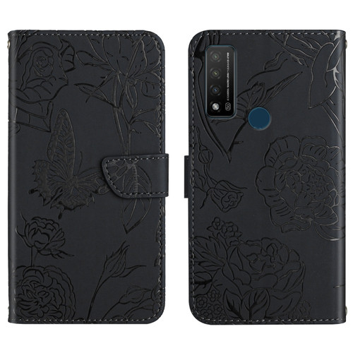 TCL 20 R 5G Skin Feel Butterfly Peony Embossed Leather Phone Case - Black