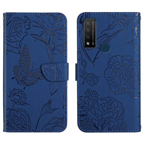 TCL 20 R 5G Skin Feel Butterfly Peony Embossed Leather Phone Case - Blue