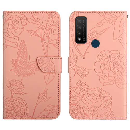 TCL 20 R 5G Skin Feel Butterfly Peony Embossed Leather Phone Case - Pink