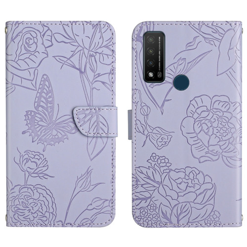 TCL 20 R 5G Skin Feel Butterfly Peony Embossed Leather Phone Case - Purple