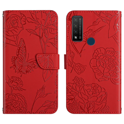 TCL 20 R 5G Skin Feel Butterfly Peony Embossed Leather Phone Case - Red