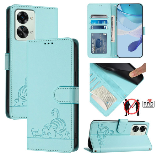 ForOnePlus Nord 2T Cat Rat Embossed Pattern RFID Leather Phone Case with Lanyard - Mint Green