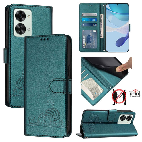 ForOnePlus Nord 2T Cat Rat Embossed Pattern RFID Leather Phone Case with Lanyard - Peacock Green