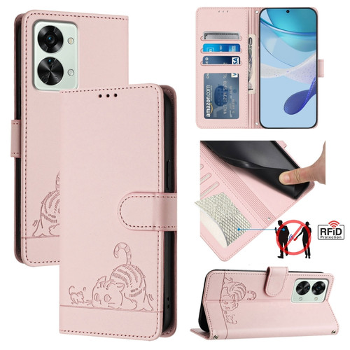 ForOnePlus Nord 2T Cat Rat Embossed Pattern RFID Leather Phone Case with Lanyard - Pink