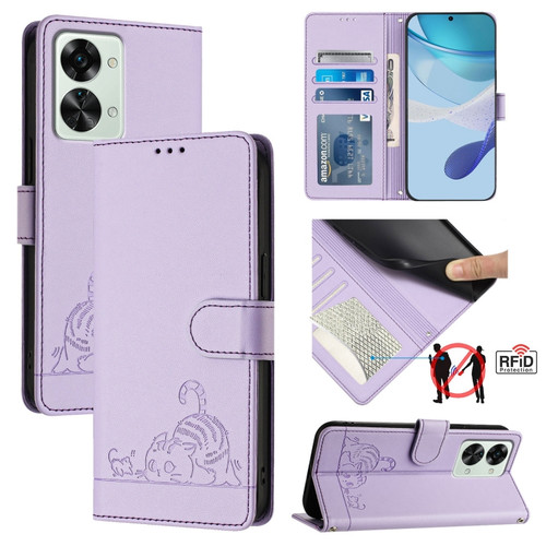 ForOnePlus Nord 2T Cat Rat Embossed Pattern RFID Leather Phone Case with Lanyard - Purple