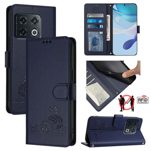 OnePlus 10 Pro 5G Cat Rat Embossed Pattern RFID Leather Phone Case with Lanyard - Blue