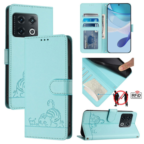 OnePlus 10 Pro 5G Cat Rat Embossed Pattern RFID Leather Phone Case with Lanyard - Mint Green