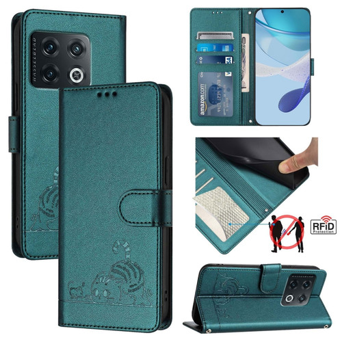 OnePlus 10 Pro 5G Cat Rat Embossed Pattern RFID Leather Phone Case with Lanyard - Peacock Green