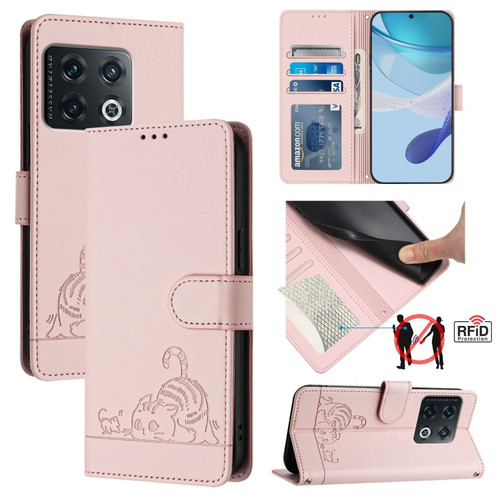 OnePlus 10 Pro 5G Cat Rat Embossed Pattern RFID Leather Phone Case with Lanyard - Pink