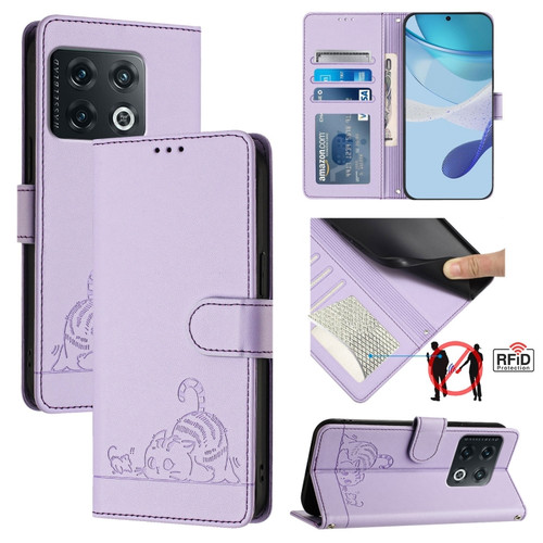 OnePlus 10 Pro 5G Cat Rat Embossed Pattern RFID Leather Phone Case with Lanyard - Purple
