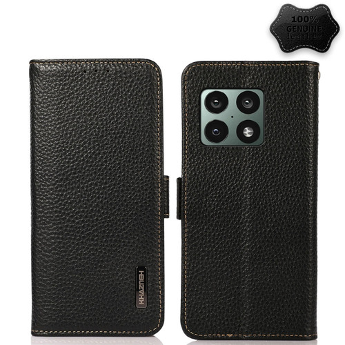OnePlus 10 Pro 5G KHAZNEH Side-Magnetic Litchi Genuine Leather RFID Phone Case - Black