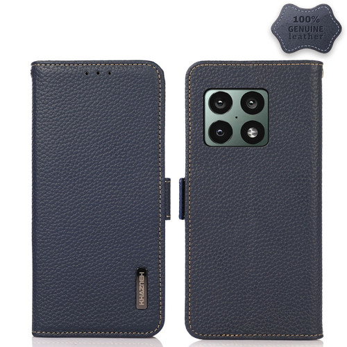 OnePlus 10 Pro 5G KHAZNEH Side-Magnetic Litchi Genuine Leather RFID Phone Case - Blue