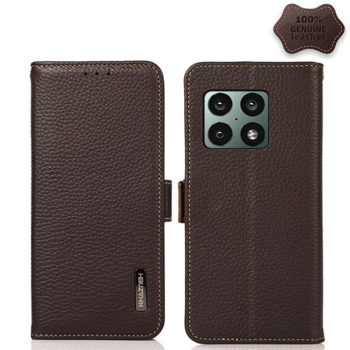 OnePlus 10 Pro 5G KHAZNEH Side-Magnetic Litchi Genuine Leather RFID Phone Case - Brown