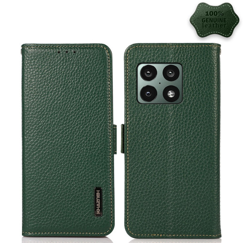 OnePlus 10 Pro 5G KHAZNEH Side-Magnetic Litchi Genuine Leather RFID Phone Case - Green