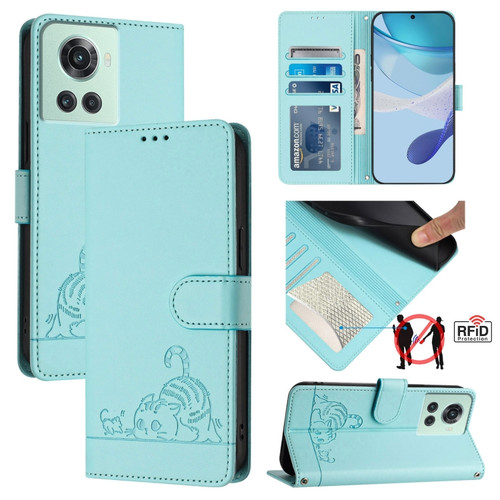 OnePlus 10R / ACE / 10R Prime Cat Rat Embossed Pattern RFID Leather Phone Case with Lanyard - Mint Green