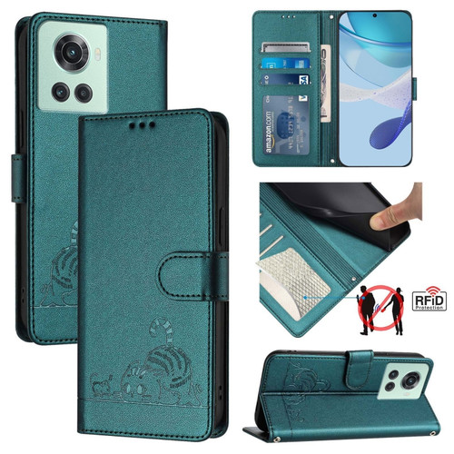 OnePlus 10R / ACE / 10R Prime Cat Rat Embossed Pattern RFID Leather Phone Case with Lanyard - Peacock Green