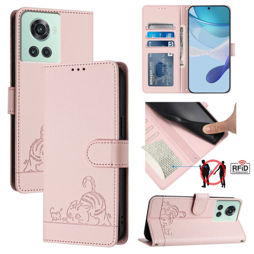 OnePlus 10R / ACE / 10R Prime Cat Rat Embossed Pattern RFID Leather Phone Case with Lanyard - Pink