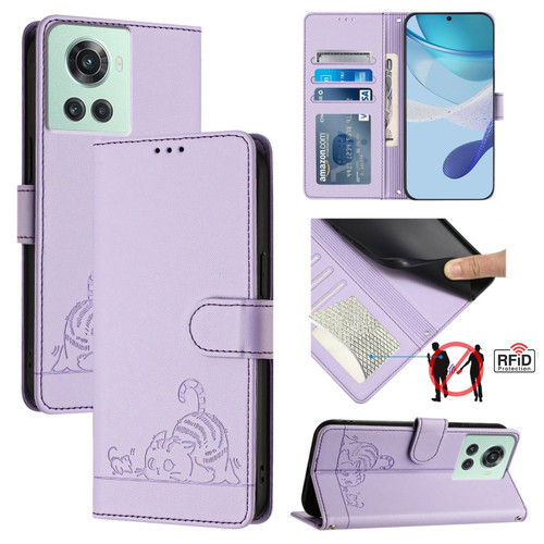 OnePlus 10R / ACE / 10R Prime Cat Rat Embossed Pattern RFID Leather Phone Case with Lanyard - Purple